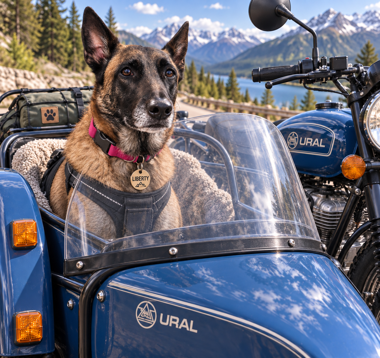 MyDog NI riding in the Ural motorcycle sidecar