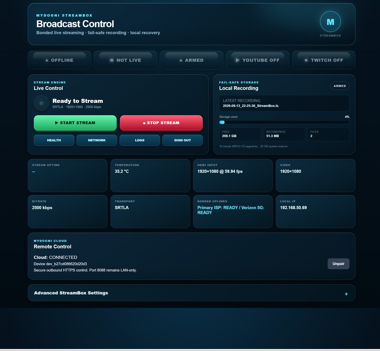 MyDogNI StreamBox dashboard